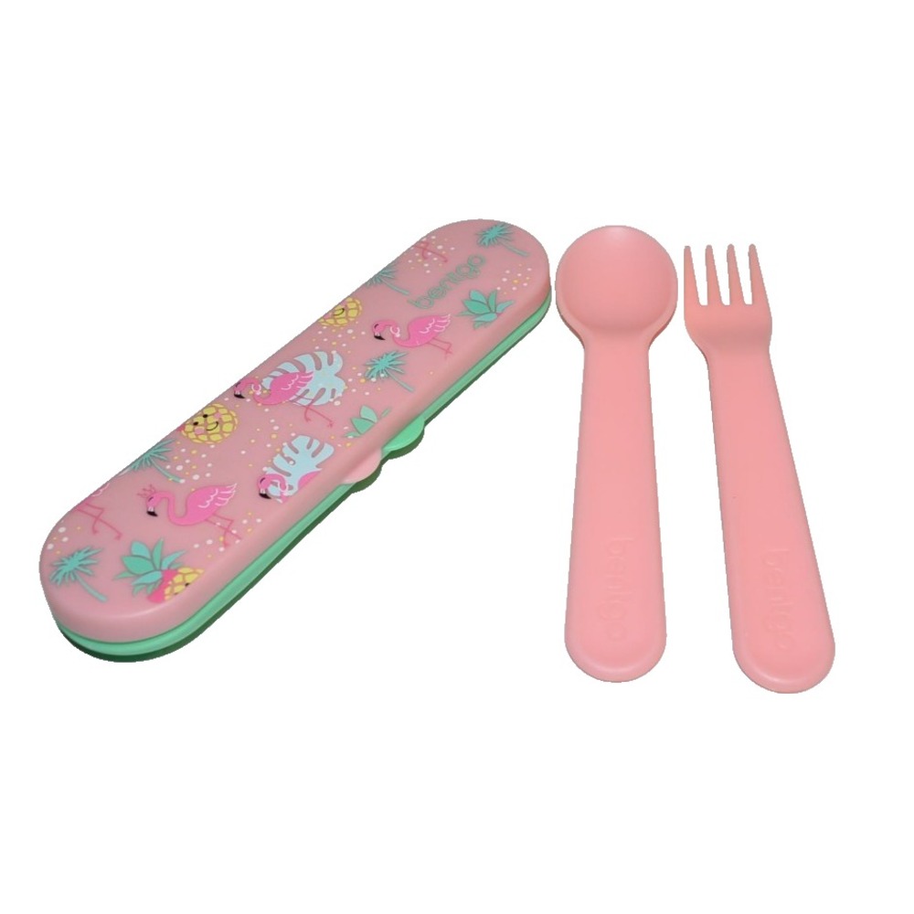 Bentgo Kids Reusable Plastic Utensil Set Flamingo Pink Fork Spoon Case